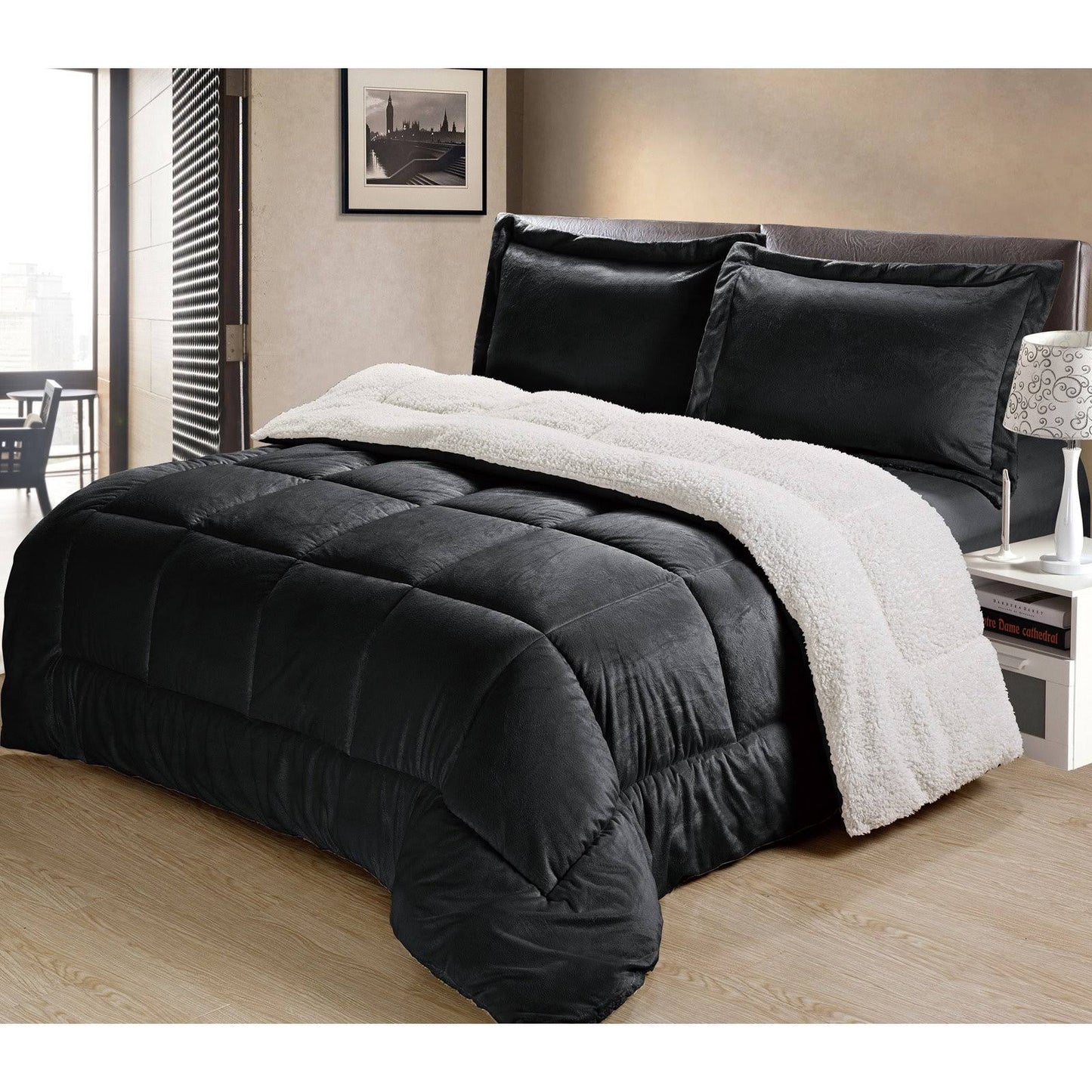 Swift Home Luxurious Sherpa Faux Fur Comforter Set King Black