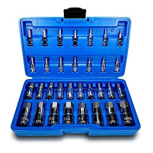 Genssi WTK2163 32pc Master Hex Bit Set SAE and Metric Socket Set Standard Allen 14 3