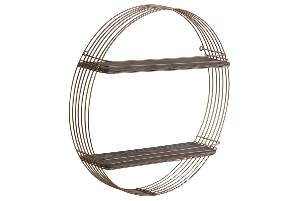 Benzara - Round Shape 2 Tier Metal and Wood Wall Shelf, Metallic Gold