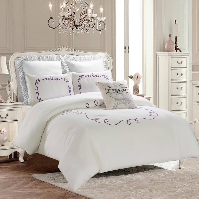 Embroidered Duvet Set - Hotel Loop- Purple White-Machine Washable - Includes 1 Duvet + 1 Sham- 1 Pillow -Twin