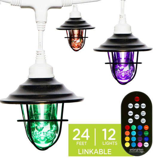 Enbrighten Light Bundle - Seasons Vintage Color-Changing LED Cafe Lights (12 Bulbs, 24 ft. White Cord) and 12 Oil-Rubbed Bronze Cage Light Shades