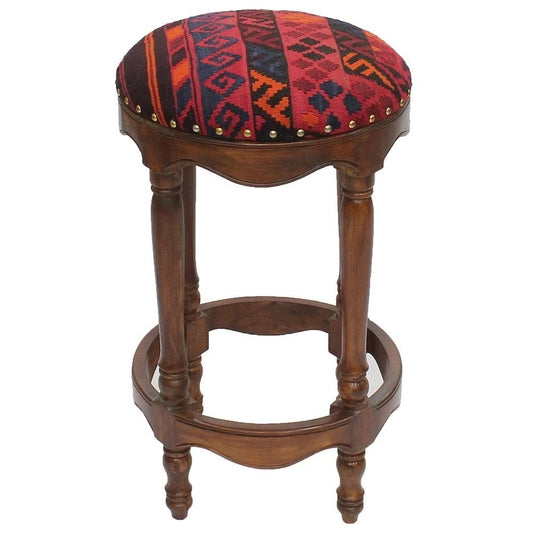 Arshs Fine Rugs Vintage Kilim Wood Bar Stool Ivan Red/Blue (18 x 18 x 32) 18 x 18 x 32