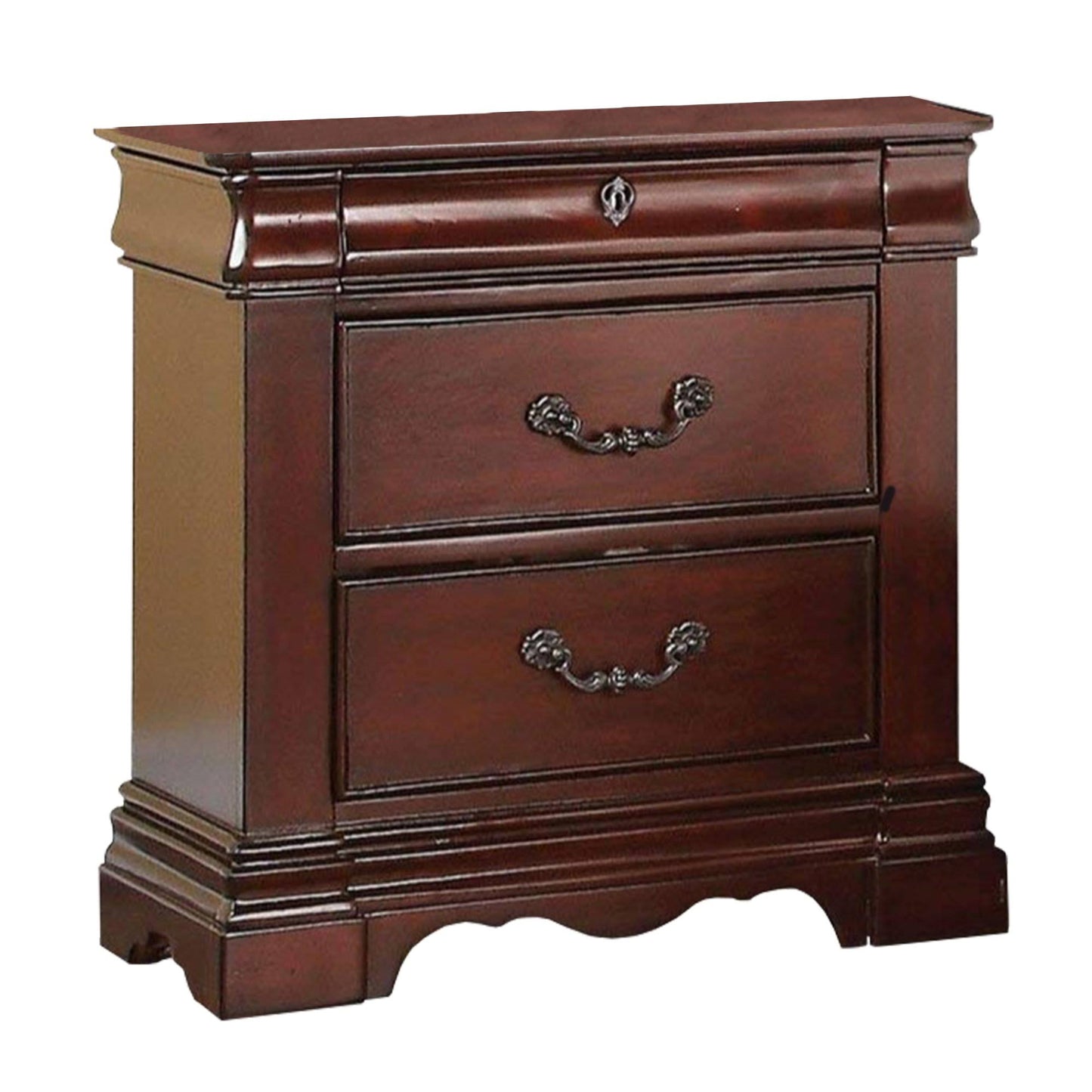 Benzara - Wooden Nightstand with Three Drawers, Dark Cherry Brown