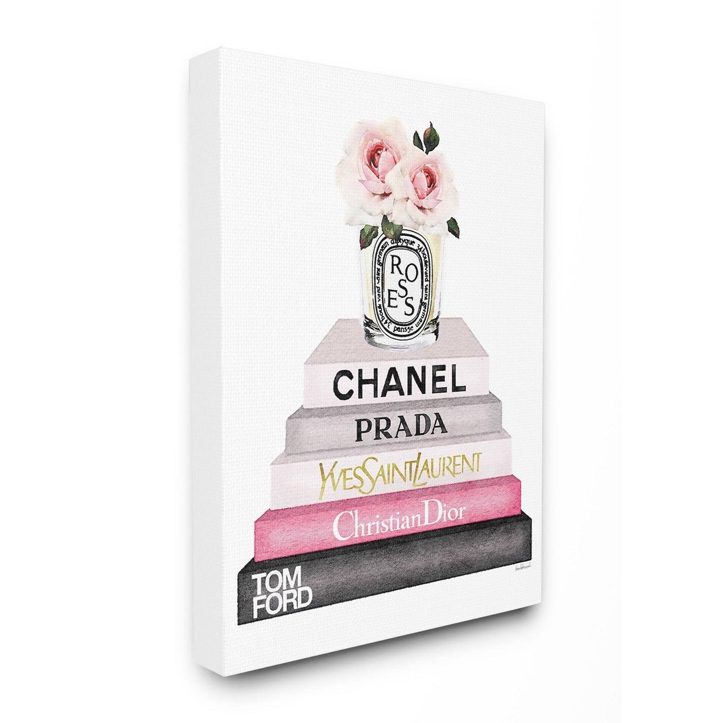 The Stupell Home Decor Collection Book Stack Fashion Candle Pink Rose Wall Art Stretched Canvas