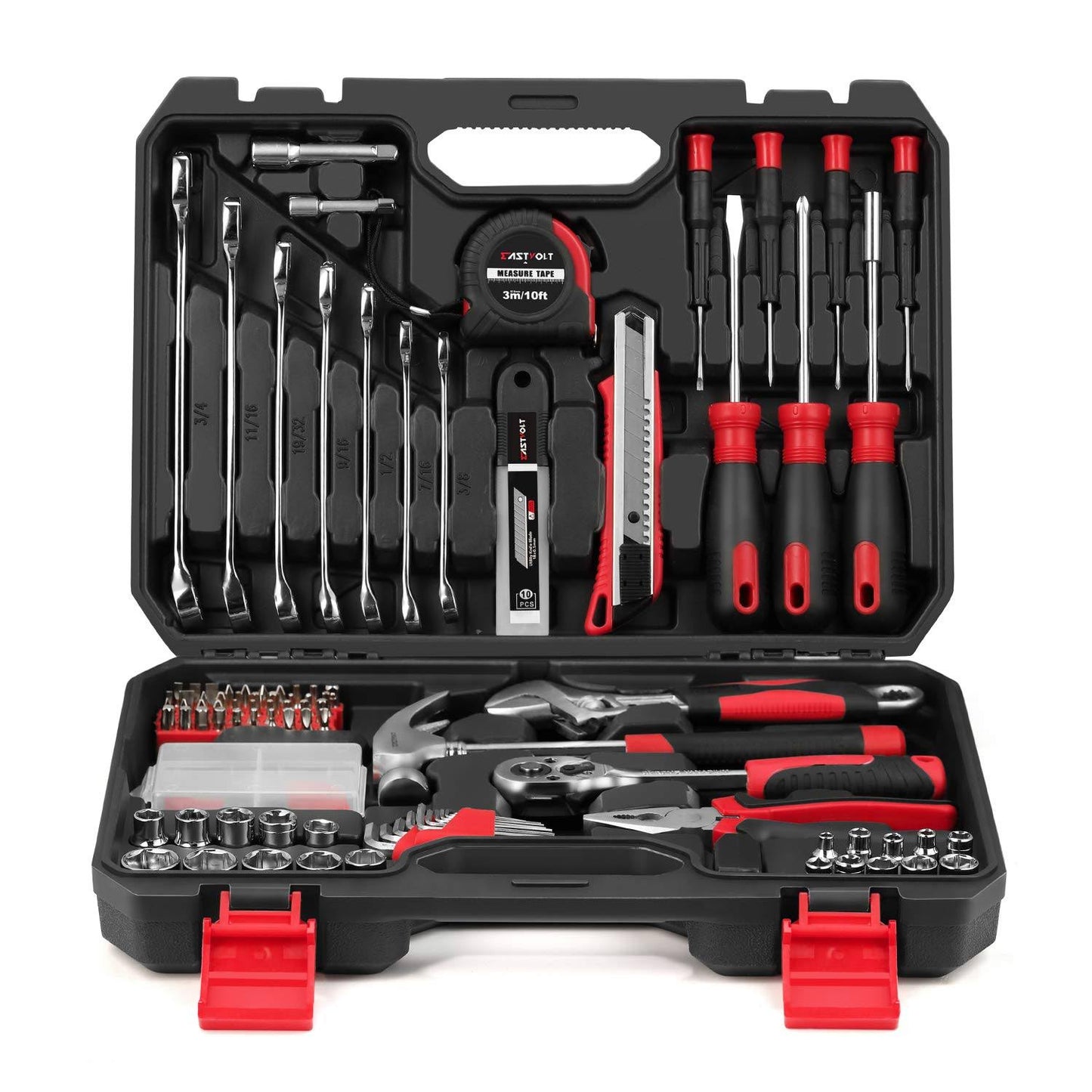 158-Piece Home Repair Tool Set, Eastvolt General Household Hand Tool Kit,Auto Repair Tool Set, with Storage Tool Box, EVHT15801, Black + Red - ASK02