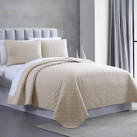 Amrapur Overseas 3-Piece Enzyme Washed Diamond Link Quilted Coverlet Set, Queen, Almond