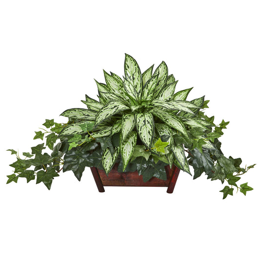 Nearly Natural Silver Queen and Ivy Artificial Plant in Decorative Planter