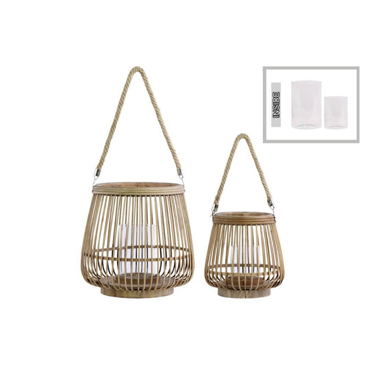 Benzara - Bamboo Round Lantern with Rope Hangers, Set of Two, Brown