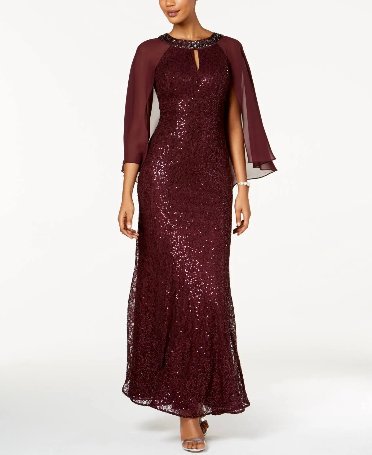 SL Fashions Sequined Cape Gown - Fig Red