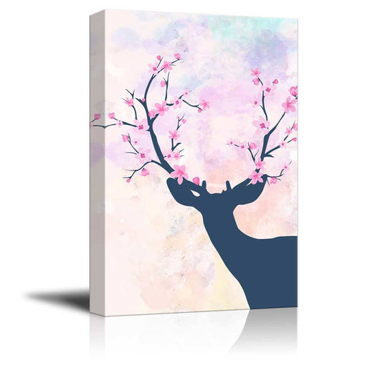 Wall26 - Canvas Wall Art - Deer with Flowers in Antlers - Gallery Wrap Modern Home Decor | Ready to Hang - 32x48 Inches, Size 32 x 48, Other