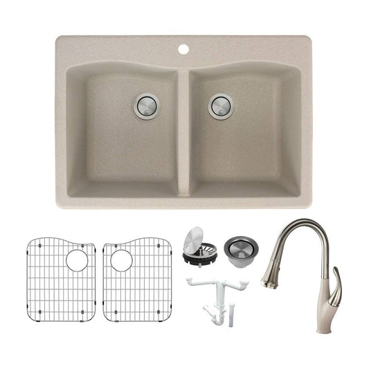 Transolid Aversa Granite 33-in Drop-In Kitchen Sink Kit with Faucet, Grids, Strainers and Drain Installation Kit - Cafe Latte