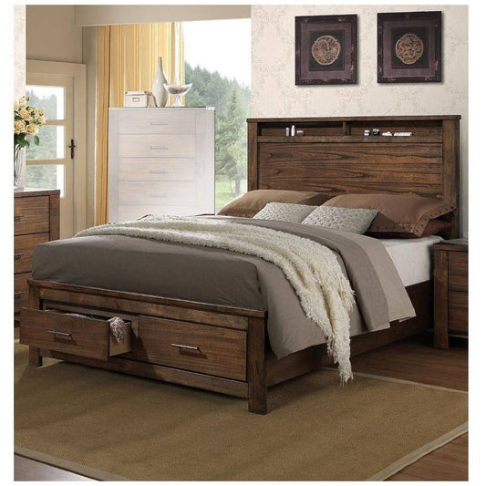 Wooden Queen Bed with Display and Storage Drawers Oak Finish