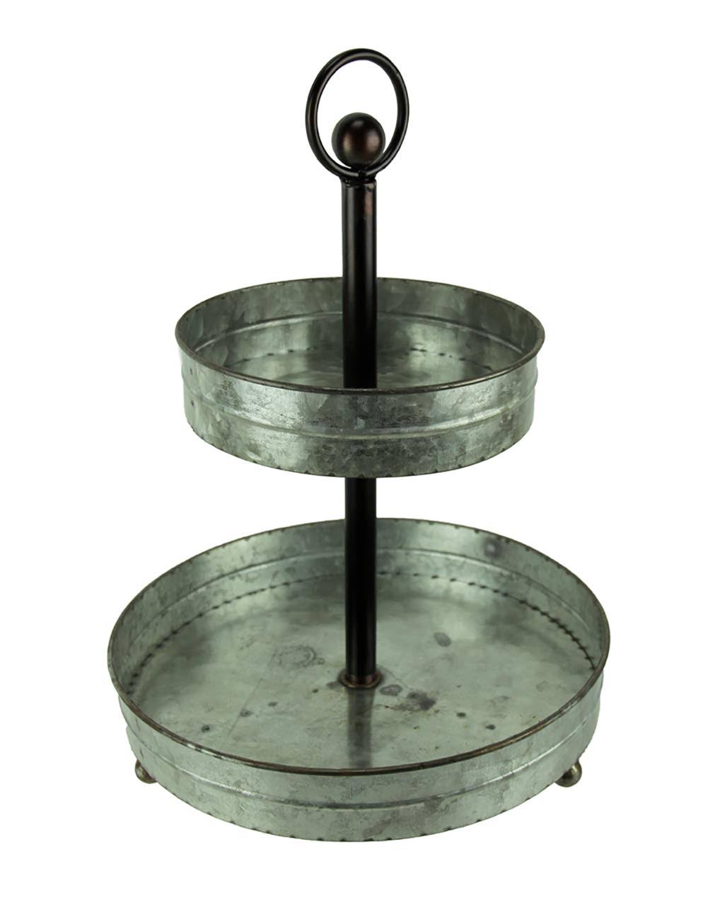 Zeckos Rustic Round 2 Tier Galvanized Metal Serving Tray