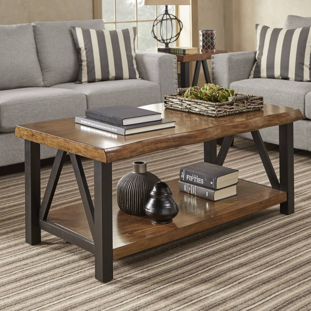 Weston Home Metal Base Cocktail Table With Natural Edge Table Top and Lower Shelf, Brown