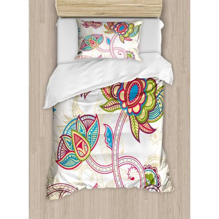 Floral Duvet Cover Set, Ethnic Birds and Curved Flower Petals Shabby Style Artsy Style Image Artwork Print, Decorative Bedding Set with Pillow Shams,