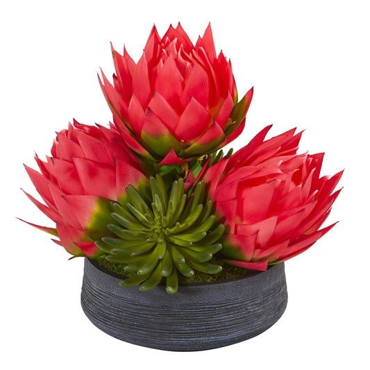 17in. Triple Musella and Succulent Artificial Arrangement in Decorative Bowl Nearly Natural