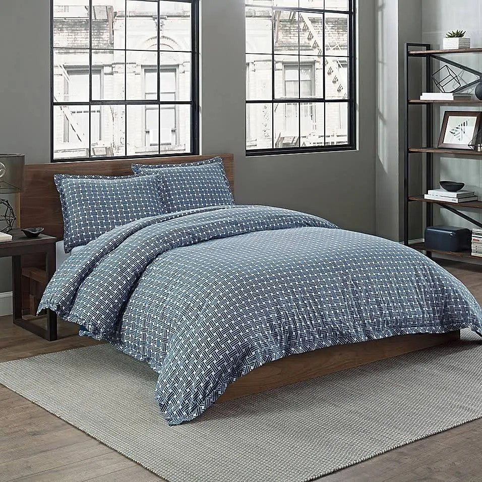 Garment Washed Basketweave Printed King Duvet Cover Set in Peacock