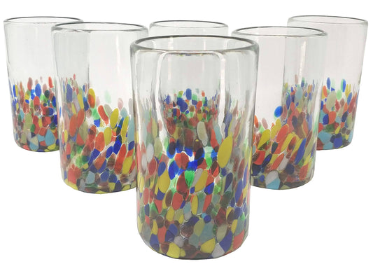 Hand Blown Mexican Drinking Glasses  Set of 6 Confetti Carmen Design Glasses (14 oz Each)