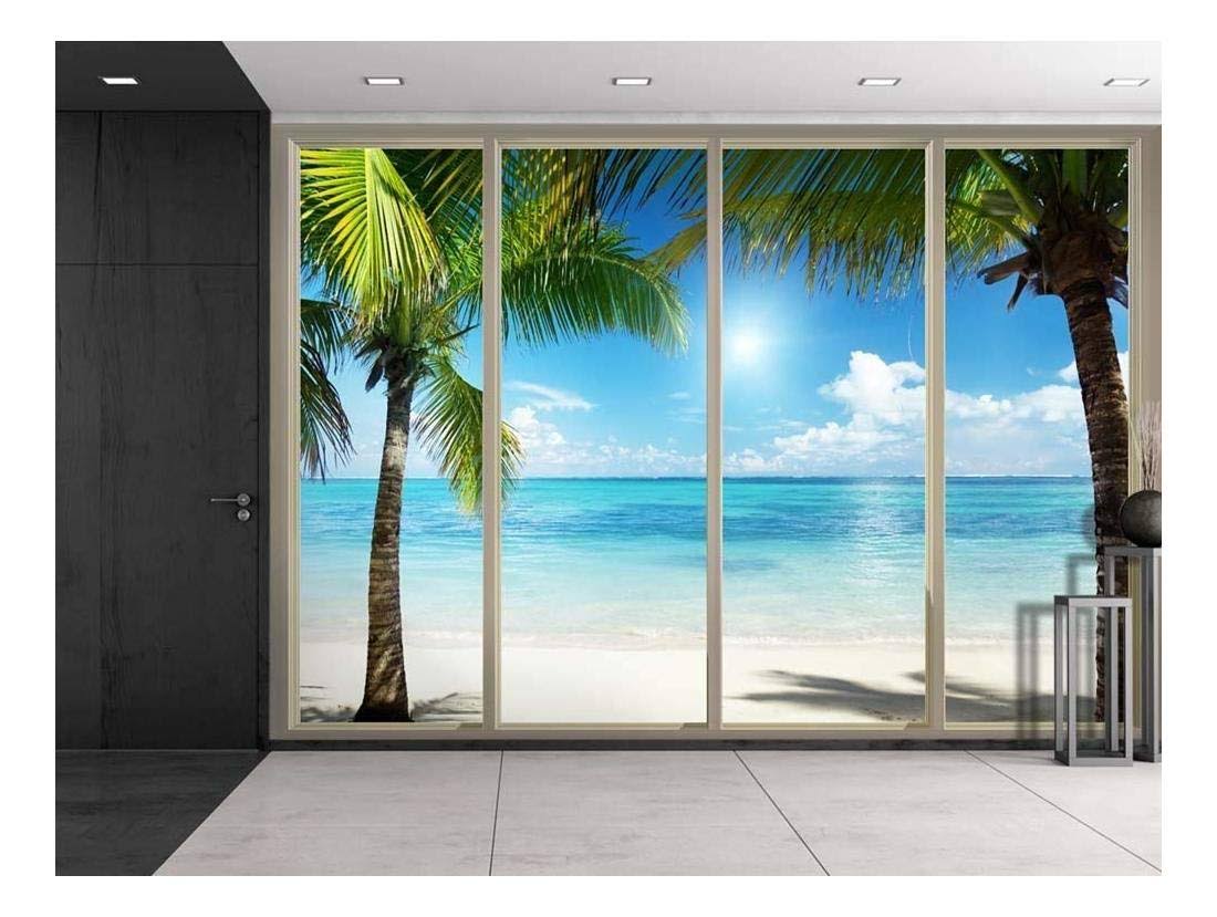 Wall26 - Palm Trees on An Island Framing The Blue Ocean Viewed from Sliding Door - Creative Wall Mural, Peel and Stick Wallpaper, Home Decor - 66x96