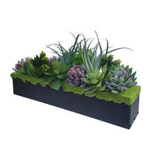 FixtureDisplays Artificial Pre-Made Succulent Wood Planter Arrangement 10 Pcs Assorted Fake Succulent Plants in Rectangular Metal Planter Box