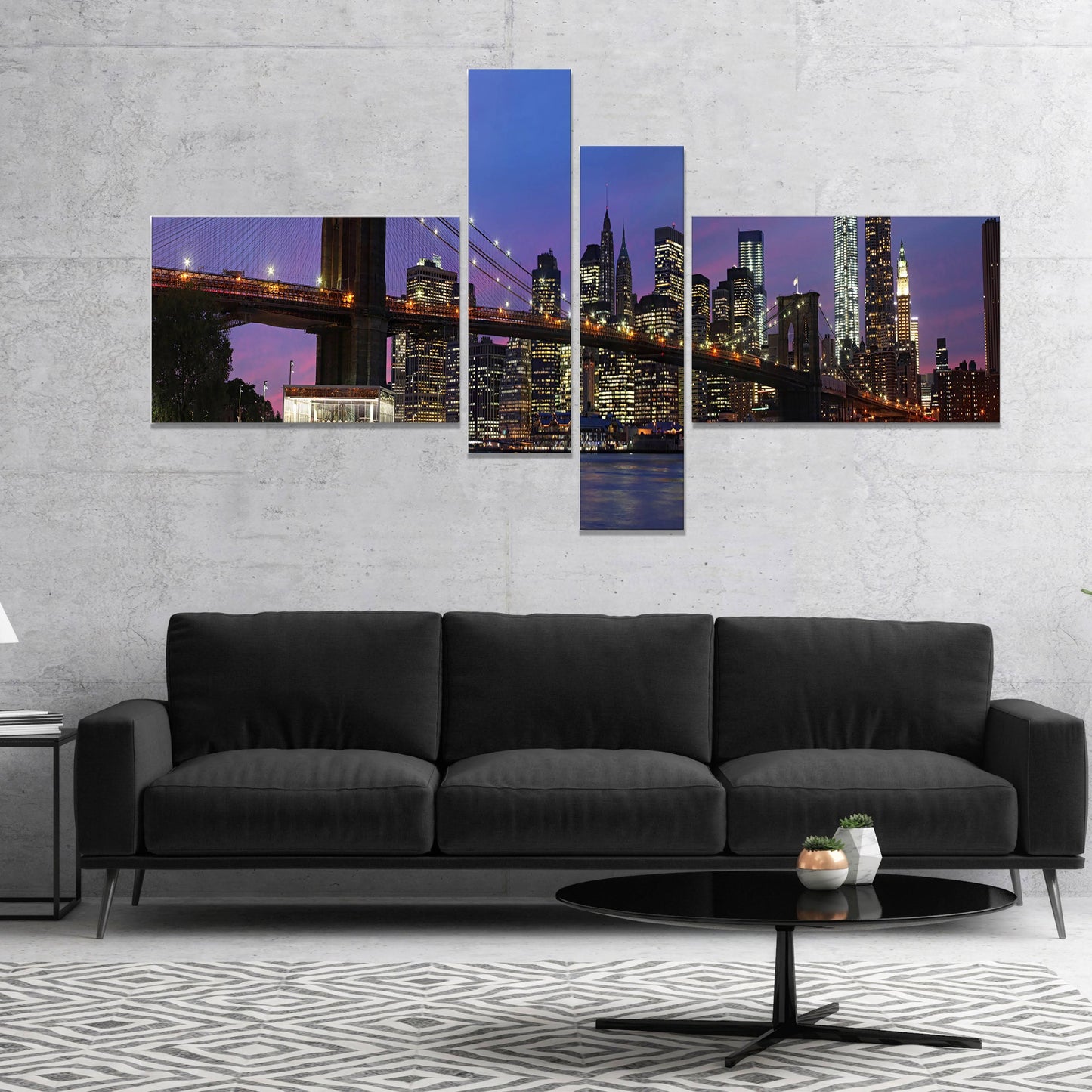 Designart Brooklyn Bridge and Manhattan at Sunset Purple - Extra Large Canvas Art Print - 60 in. Wide x 32 in. High - 4 Panels