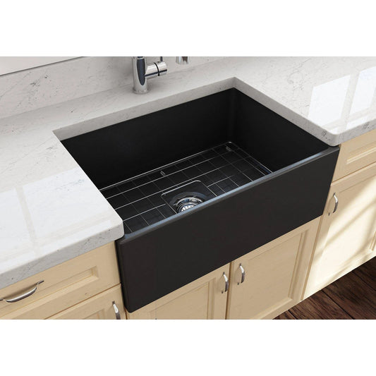 BOCCHI 27 inch Contempo Apron Fireclay Single Bowl Kitchen Sink with Bottom Grid and STRAINER - Matte Dark Gray 1356-020-0120