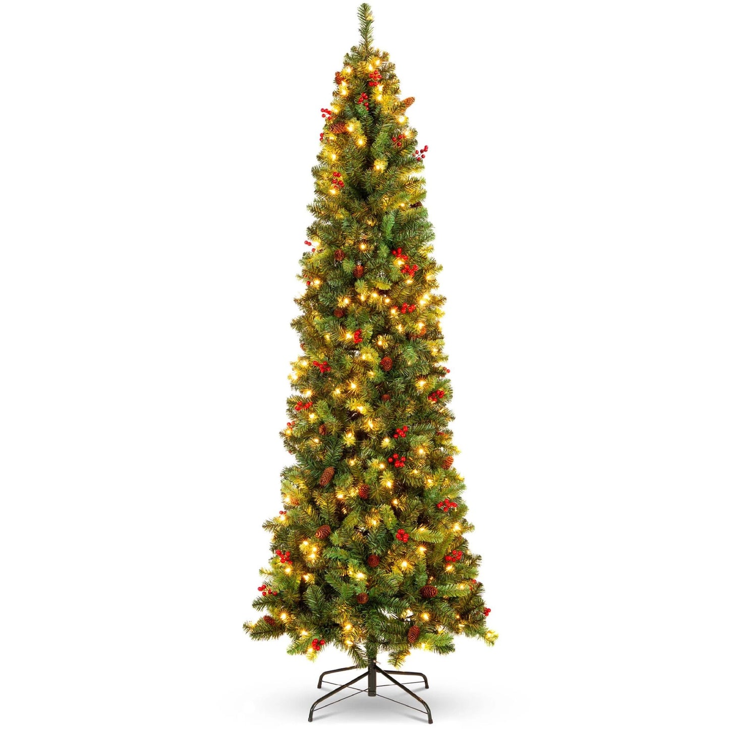 Best Choice Products 12ft Pre-Lit Pencil Christmas Tree Pre-Decorated Holiday Accent w/ 1,818 Tips, 700 Lights, Base - 12ft