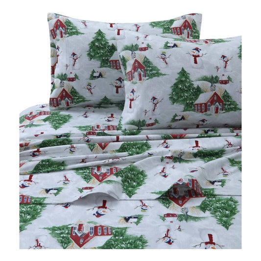 Tribeca Living Snowman Printed Flannel Printed Extra Deep Pocket Sheet Set Queen Red Green