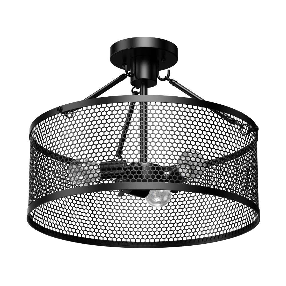 Drum Shape Semi-Flush Mount Ceiling Light, Steel Cage Matte Black Finish, E26 Base, UL Listed, 3 Years Warranty, Matte Black