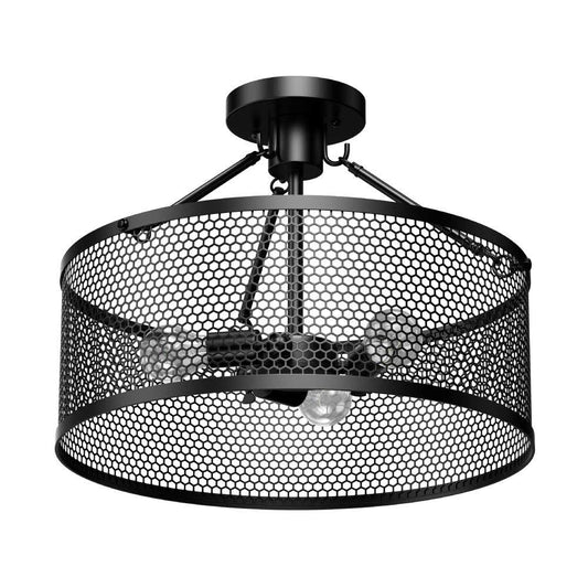 Drum Shape Semi-Flush Mount Ceiling Light, Steel Cage Matte Black Finish, E26 Base, UL Listed, 3 Years Warranty, Matte Black