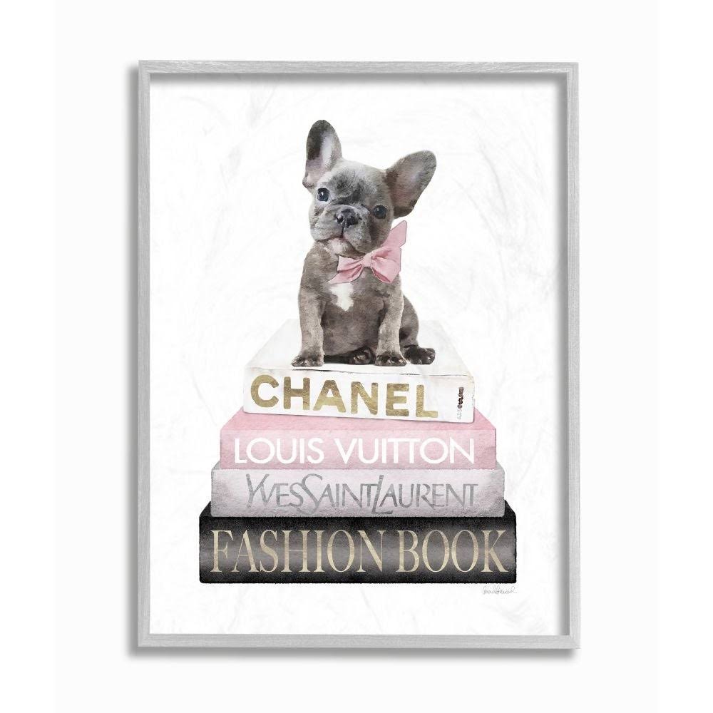 Stupell Industries Dashing French Bulldog and Iconic Fashion Bookstack Framed Wall Art - Multi-Color (Grey - 16 x 20)