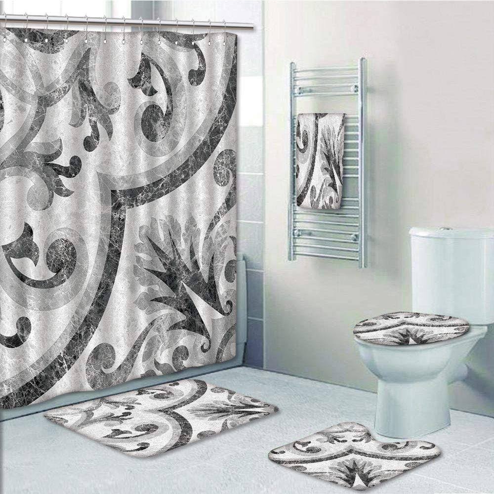 PRTAU Marble Baroque Rococo Victorian Ceramic Surface with Swirled Shabby Chic 5 Pcs Bath Curtain Towel Rug Contour Mat Toilet Lid Cover