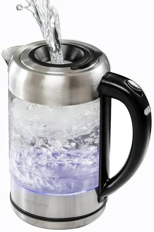 Ovente 7-Cup 1.7 L Silver Glass Electric Kettle with ProntoFill Technology-Fill Up with Lid on