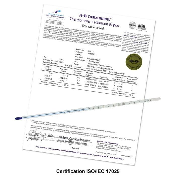 Bel-Art H-B DURAC Plus ASTM S66F-03 Individually Calibrated Liquid-In-Glass Thermometer; 167/221F, Organic Liquid Fill 60780-0900