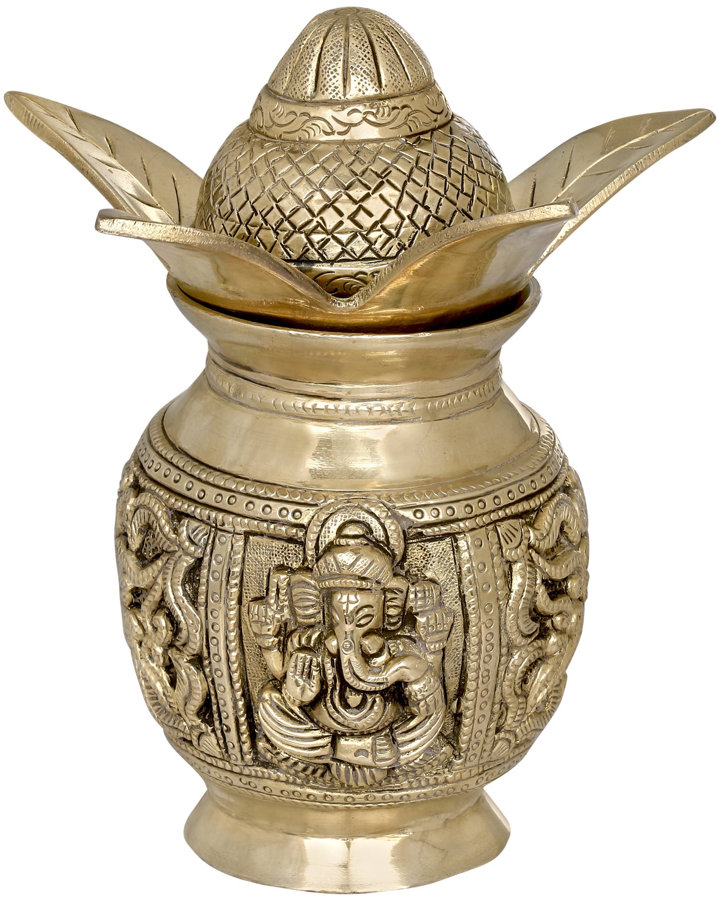 Exotic India Coconut Kalasha for Lakshmi Ganesha Puja - Brass Statue