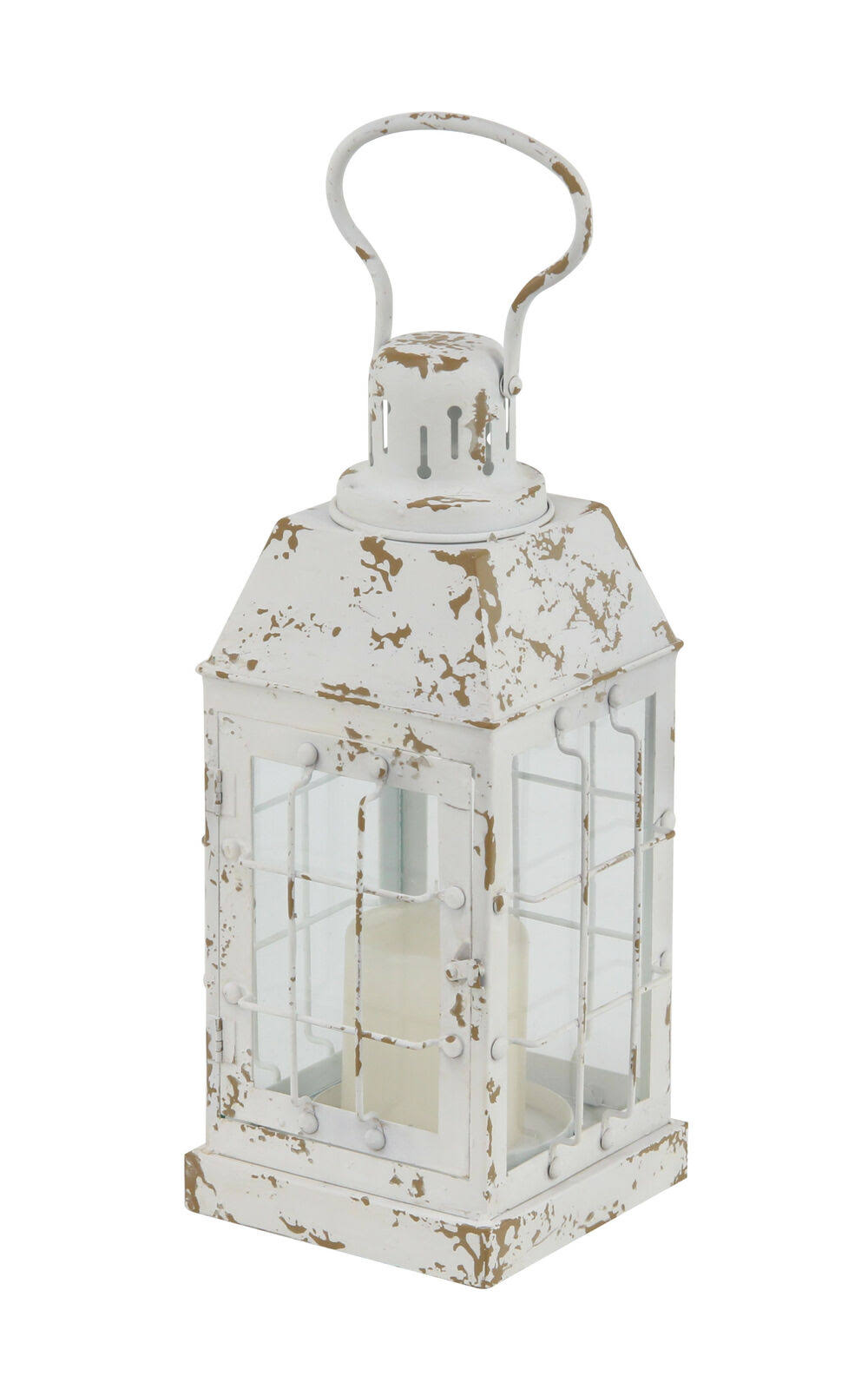 Decmode Rustic 14 x 7 inch Distressed White Iron and Glass Window Candle Lantern