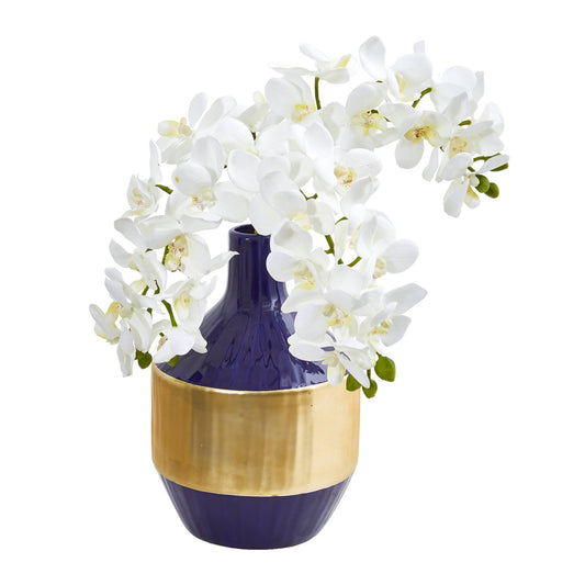 Nearly Natural Phalaenopsis Orchid Artificial in Blue and Gold Designer Vase White