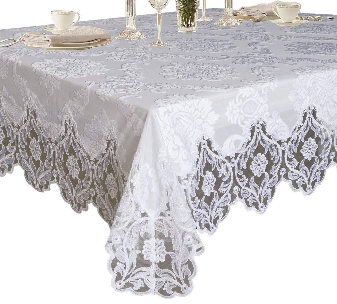 Deluxe Elegant Velvet Lace Sheer Floral Design Tablecloth Violet Linen Color White, Size 70 L x 216 W