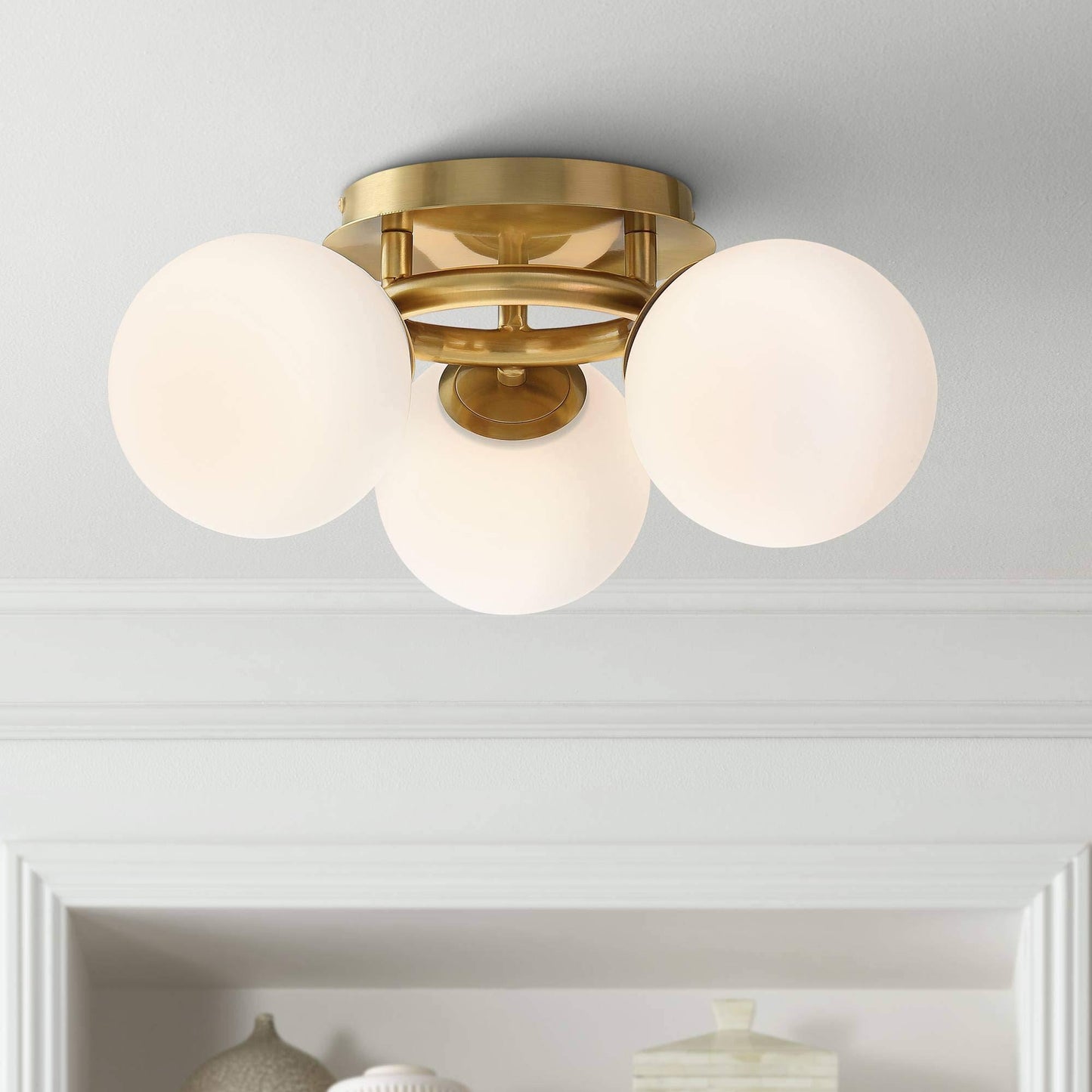 Possini Euro Design Modern Ceiling Light Flush Mount Fixture Brass 18 Wide 3-Light Frosted White Glass Globes Bedroom Living Room