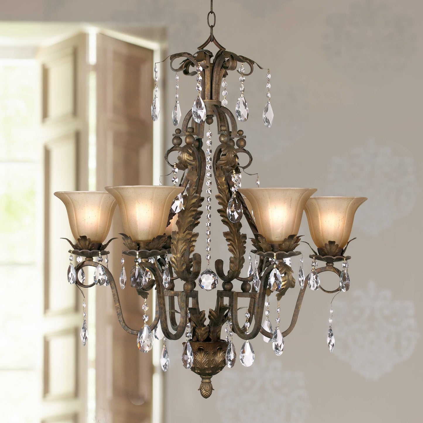 Regency Hill Iron Leaf 29 Wide Roman Bronze and Crystal Chandelier