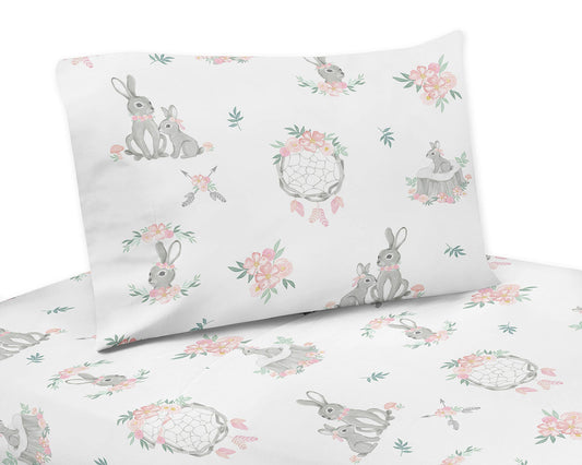 Sweet Jojo Designs Bunny Floral 4-Piece Queen Sheet Set in Pink/Grey