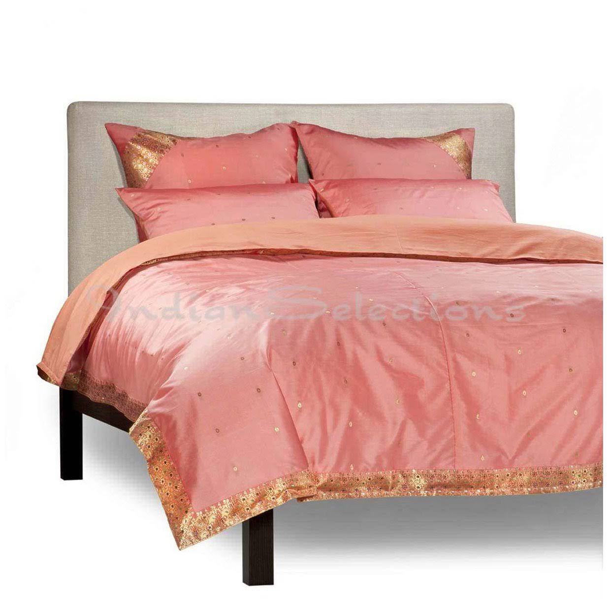 Veesha Pink - 5 Piece Handmade Sari Duvet Cover Set with Pillow Covers / Euro Sham DCSARIPNKKING