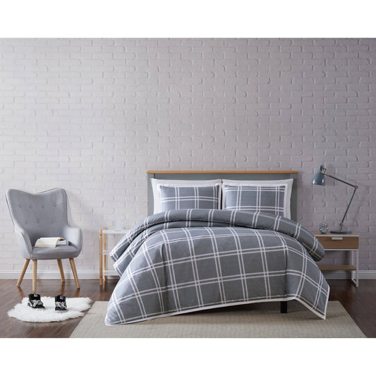 Truly Soft Leon Plaid Duvet Cover Set Grey Full/Queen