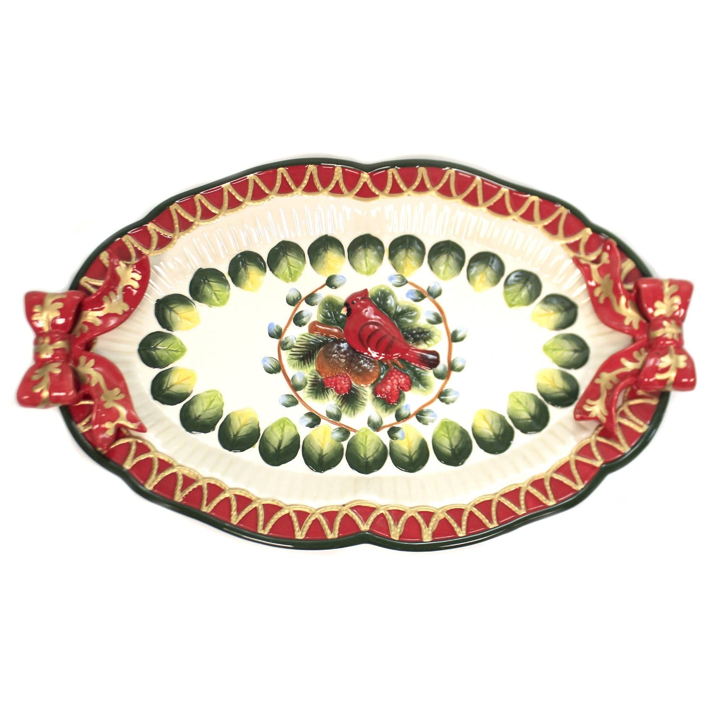 Cosmos Gifts 17 7/8-Inch Evergreen Holiday Cardinal Platter