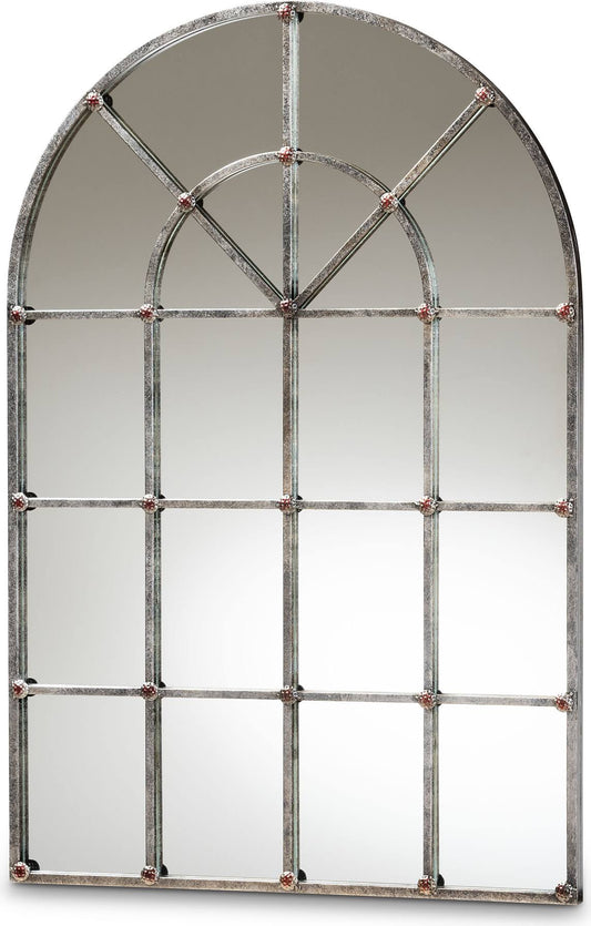 Baxton Studio Newman Vintage Farmhouse Antique Silver Finished Arched Window Accent Wall Mirror