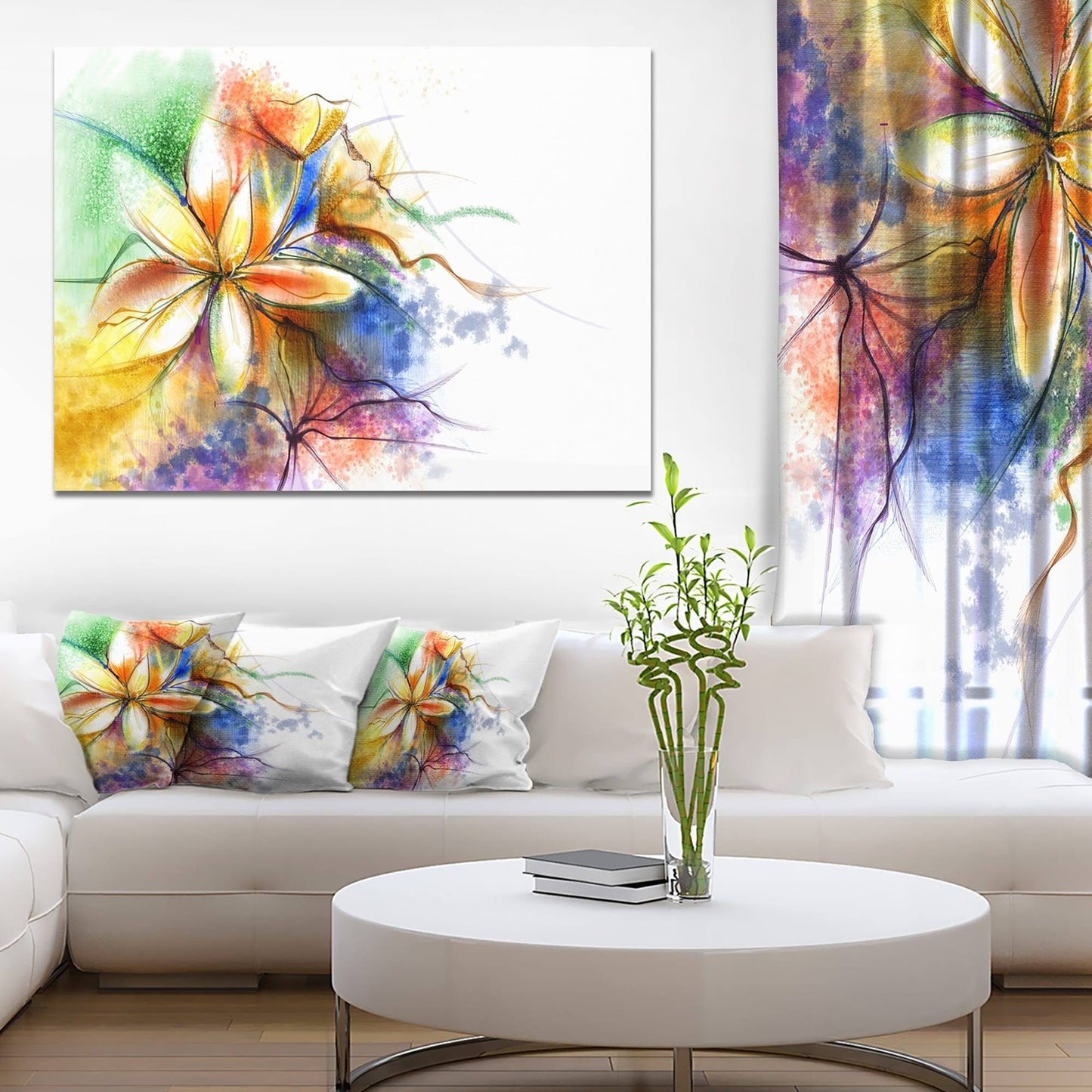 Design Art Abstract Multi-Color Flower Fusion - Large Flower Canvas Wall Art - Blue, 20 in. Wide x 12 in. High