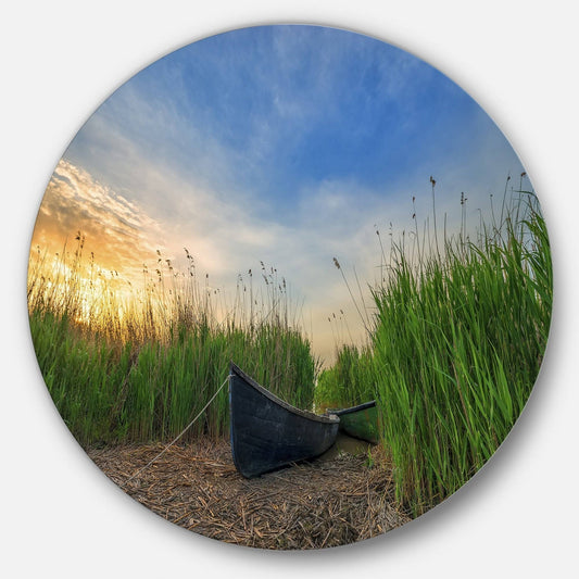 Designart Old Fisher Boat Near Lake Landscape Photo Disc Metal Wall Art - 29 x 29 - Disc of 29 inch